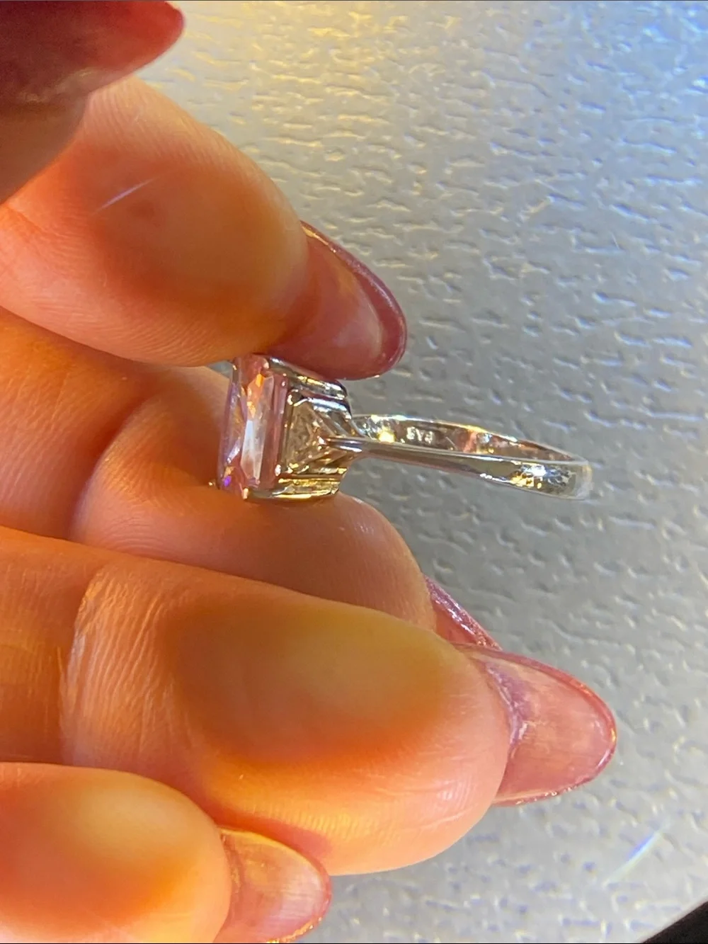 Pink Cushion-Cut Solitaire Ring with Side Accents in 925 Sterling size 7